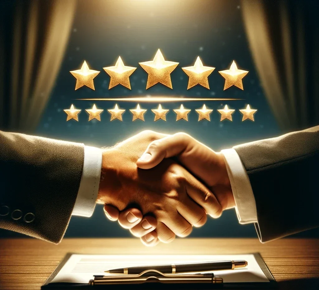 Garantía de satisfacción. Representación conceptual de un acuerdo de alta valoración, mostrando un apretón de manos entre dos profesionales con cinco estrellas doradas flotando arriba, simbolizando una calificación excelente.