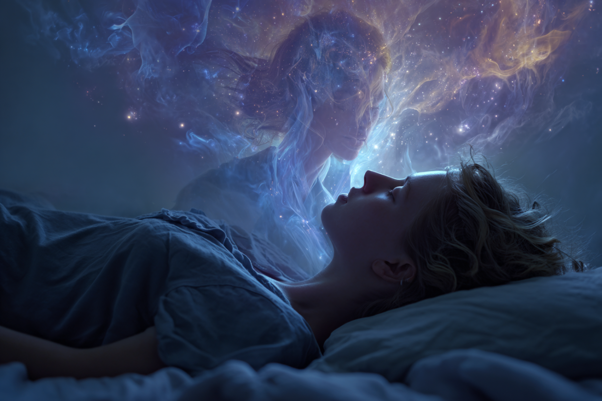 Representación espiritual de un sueño lúcido, donde una mujer toma conciencia dentro del mundo onírico rodeada de luz y estrellas.